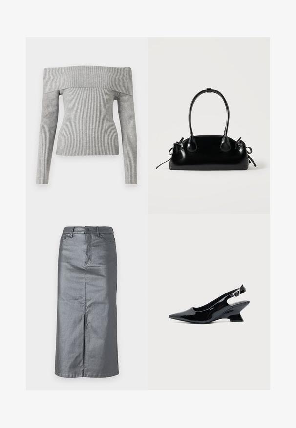 Suéter gris de canalé con diseño off-the-shoulder, mangas largas y silueta ajustada. Fabricado en tejido de punto texturizado.; Falda de mezclilla gris metálico con forma recta, abertura frontal, diseño de cinco bolsillos y cierre de botón en la cintura. Se pueden ver las costuras planas.; Zapato slingback de cuero charol negro con puntera puntiaguda y tacón bajo en bloque inclinado sobre fondo claro liso.; Pequeño bolso negro brillante con dos asas largas y detalles de cordón lateral sobre un fondo claro liso.