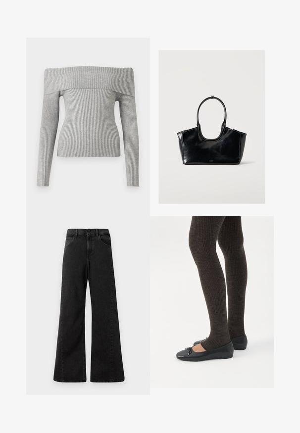 Grå ribbet sweater med off-the-shoulder design, lange ærmer og en tætsiddende silhuet. Fremstillet af struktureret strikstof.; Højtaljede sorte denim jeans med vidde ben-design, der har forlommer og en knaplukning i taljen.; Ben iført mørke ribbede leggings kombineret med sorte balletsko med små sløjfedetaljer på hvid baggrund.; Sort blank læderhåndtaske med stort ovalt håndtag og subtilt logo foran mod en ensartet lys baggrund.