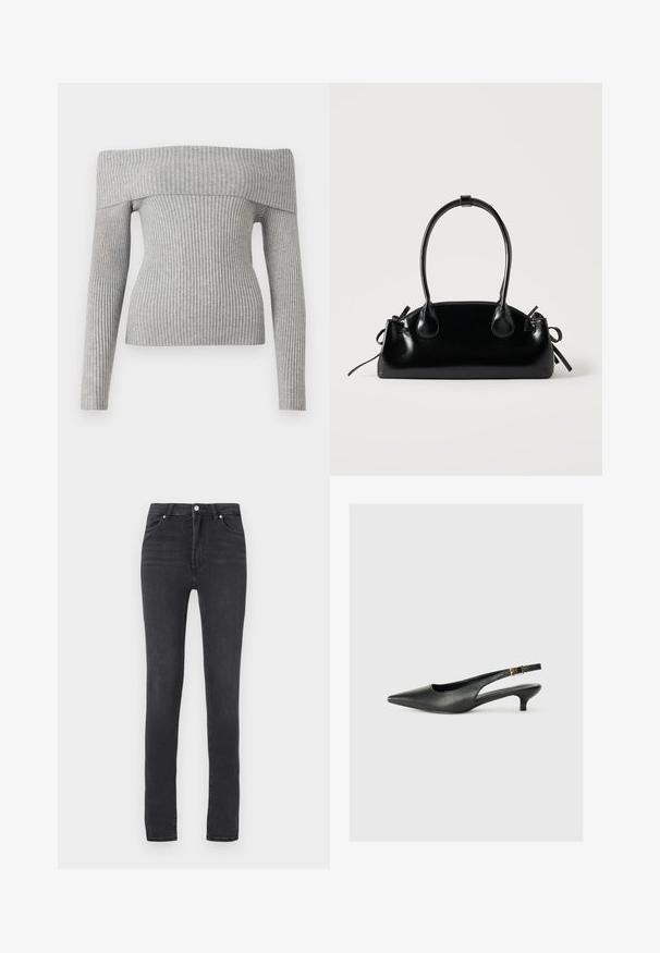 Grijze geribde trui met een off-the-shoulder ontwerp, lange mouwen en een getailleerde pasvorm. Gemaakt van gestructureerde brei stof.; Zwarte skinny jeans met hoge taille, gemaakt van stretchdenim, met riemlussen, minimaal stiksels en een klassiek vijf-pocket ontwerp.; Zwarte puntschoen met slingback van soepel leer. Kenmerkt zich door een dunne hak en een gespdetail op de verstelbare band.; Kleine zwarte glanzende handtas met twee lange hengsels en zijkant trekkoord details op een effen lichte achtergrond.