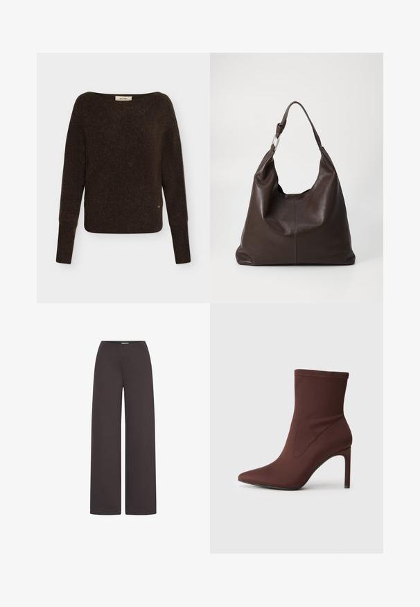 Jersey de manga larga de color marrón oscuro con cuello redondo y puños y bajo acanalados, fabricado con un tejido de punto peludo.; ICHI IHKATE WIDE PA2 - Pantalones - chocolate torte; Botín de tobillo de tela elástica marrón con punta afilada y tacón de aguja de 10 cm. Costuras a lo largo de los lados, textura suave y sin cierres visibles.; Zign by Zalando LEATHER - Bolso shopping - chocolate brown