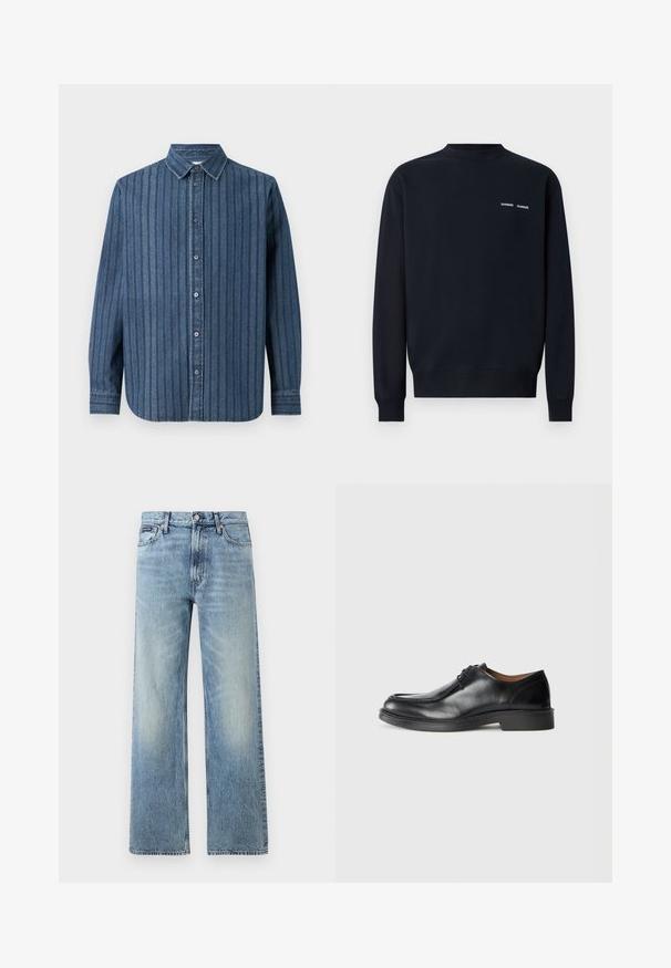Dunkelblaues Sweatshirt aus Baumwolle. Mit Rundhalsausschnitt, langen Ärmeln und zwei kleinen weißen Markenlogos auf der oberen linken Brust.; Samsøe Samsøe SADAMON SHIRT - Hemd - denim; Hellblaue Jeans mit geradem Bein, hohem Bund, fünf Taschen, Knopfverschluss und dezentem Verblassen an Oberschenkeln und Knien.; Schwarze Leder-Dressschuhe mit abgerundetem Zehenbereich, glatter Oberfläche, Schnürdetails und einer niedrigen, strukturierten Gummisohle. Saubere Linien und minimalistisches Design.