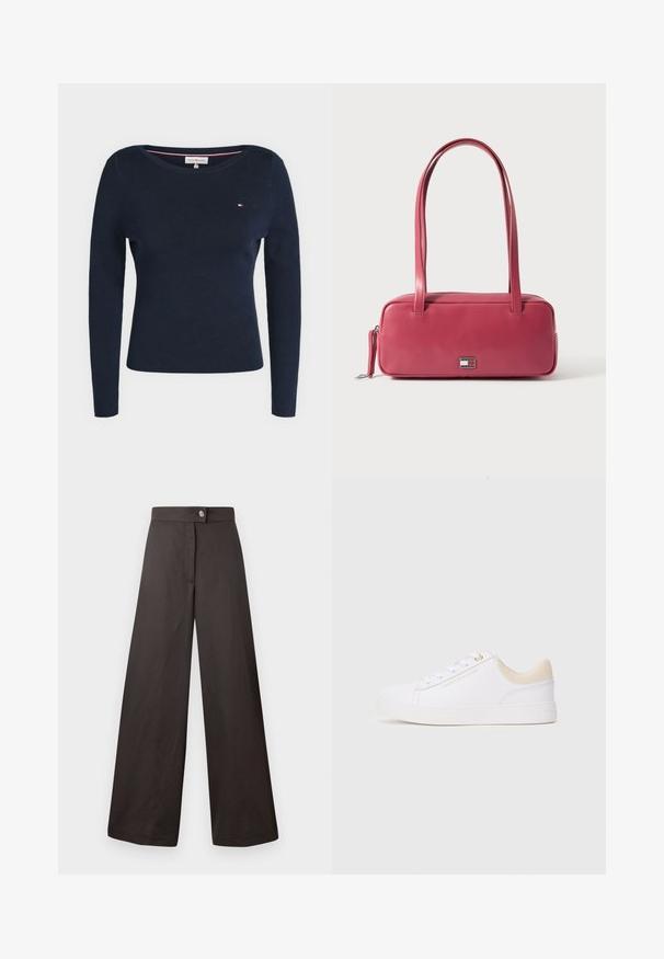 Marineblauwe gebreide trui met lange mouwen, ronde hals en klein Tommy Hilfiger-logo op de linkerborst.; Zwarte wijde broek met een gladde textuur, voorzien van een knoopsluiting aan de voorkant en een strakke, eenvoudige uitstraling. Geen patronen of accenten zichtbaar.; Witte low-top sneakers met een beige kraag, witte veters en een gouden "Tommy Hilfiger" logo aan de zijkant, afgebeeld in profiel op een grijze achtergrond.; Roze leren handtas met een rechthoekige vorm, dubbele handvatten en een klein metalen embleem aan de voorkant, met een gladde, glanzende textuur.