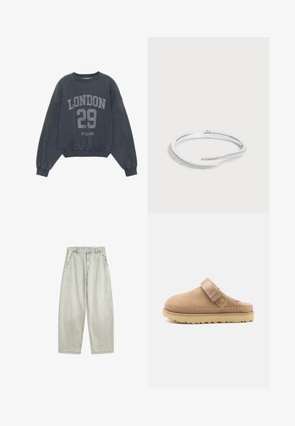 Mørkegrå sweatshirt med rund halsudskæring, sænkede skuldre og ribstrikkede ærmegab. Har "LONDON" og "29" trykt på forsiden.; Lysegrå denimjeans med høj talje, frontknap og lynlås, skrå sidelommer og brede, lige ben.; Beige suedeklums med en tekstureret overdel, justerbar rem og en solid gummisål med en skridsikker mønster.; Sølvfarvet åben armring med spidse ender dækket af små klare krystaller på en lys baggrund.
