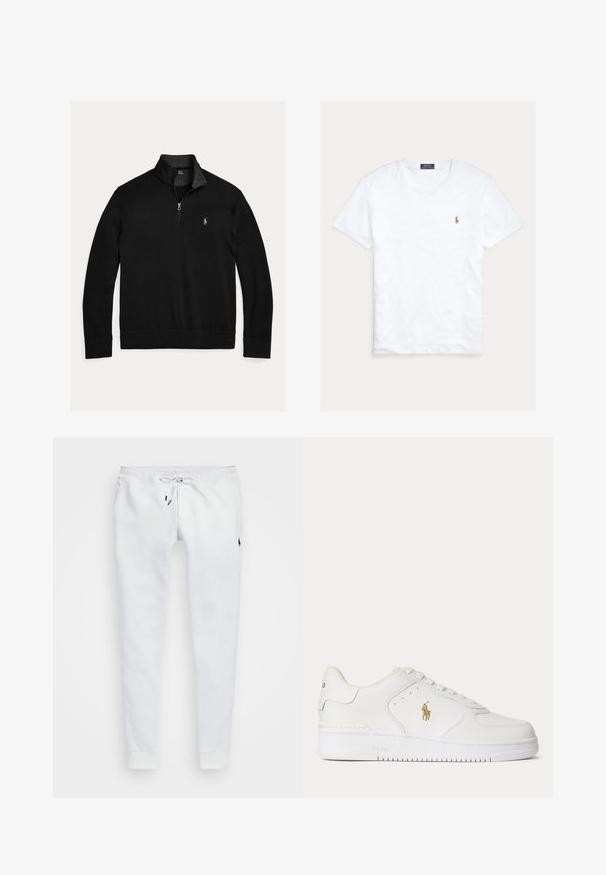 Sort langærmet pullover med kvart lynlås og lille hvid broderet polo-spiller logo på venstre bryst.; Hvid T-shirt med rund hals og korte ærmer med lille broderet Polo Ralph Lauren-logo på venstre bryst og blå mærkeetiket indvendigt i kraven.; Hvide træningsbukser lavet af blødt stof, med en træk-snor i taljen, sidelommer og ribbede manchetter. Lille logo på låret.; Hvid lavtopet lædersneaker med hvide snørebånd og et gyldent Polo Ralph Lauren-logo på siden samt "Polo" præget på sålen.