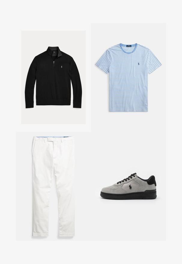 Sort langærmet pullover med kvart lynlås og lille hvid broderet polo-spiller logo på venstre bryst.; Stribet t-shirt i lyseblå og hvid, korte ærmer, rund hals, med en lille broderet logo på venstre bryst. Bomuldsstof.; Hvide bomulds-chinos med flad front, bæltestropper, sidelommer og en glat tekstur, med en blå indvendig linning.; Grå ruskinds-sneakers med sorte detaljer, der har et tekstureret stofpanel på siden, rund tå og sort gummisål. Logo broderet på siden.