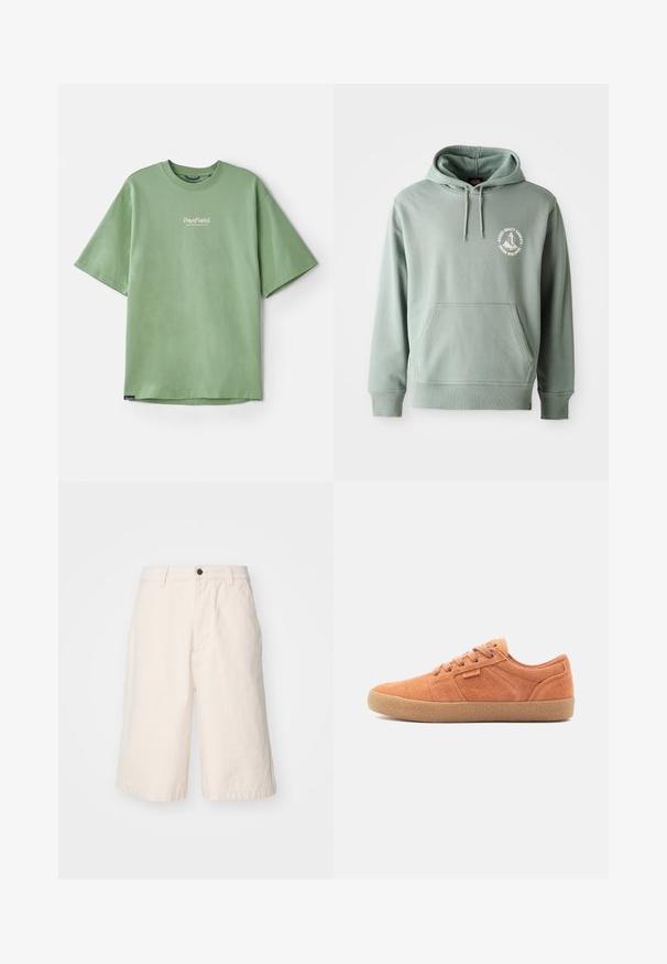 Mintgroene hoodie van een katoenmix, met een voorzak, een capuchon metluiting en een klein gedrukt logo op de borst.; Groen T-shirt met korte mouwen, gemaakt van katoen, met een ronde hals en een klein wit logo op de borst. Soepele textuur, ontspannen pasvorm.; Lichtbeige katoenen shorts met een rechte pasvorm, voorzien van een knoopsluiting, zijzakken en een zoom die net boven de knie valt.; Tansuede sneakers met een gestructureerd oppervlak, ronde neus en rubberen zool. Heeft een vetersluiting en gestikte accenten aan de zijkanten.