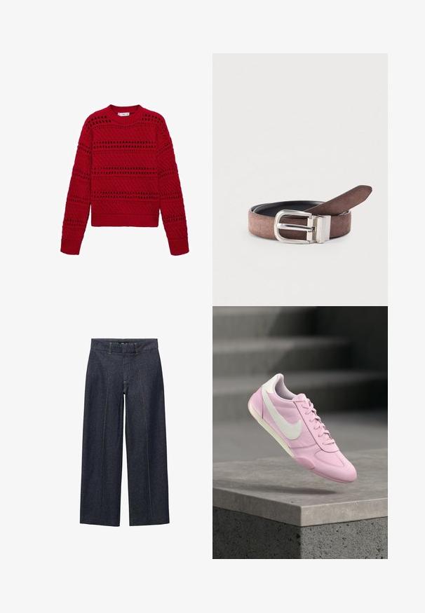 Mango MARINER - Pullover - red; Pantalons large en denim bleu sombre avec des coutures frontales et une taille standard. Présente des coutures orange et une longueur cropped.; Chaussure de sport rose avec logo swoosh blanc, semelle blanche et lacets, flottant au-dessus d'un rebord en béton gris avec un arrière-plan flou.; Ceinture en daim marron avec une boucle rectangulaire argentée, doublure en cuir lisse et une extrémité plate. Contraste de couleurs entre les matériaux en daim et en cuir.