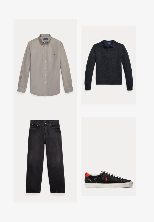 Gebreide donkergrijze trui met een polokraag, lange mouwen, drieknopsbies en een klein geborduurd logo op de borst.; Lichtgrijs overhemd met lange mouwen, knopen, kraag en blauw Polo Ralph Lauren geborduurd logo op de linkerborst.; Zwarte rechte denim jeans met vijf zakken, knoopsluiting en zichtbare metalen klinknagels op de voorzakken.; Zwarte suede sneakers met witte veters, rode accenten op de hak en een klein rood logo. Beschikt over een platte rubberen zool en eenvoudige stiksels.