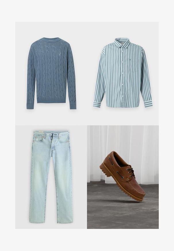 Blå strikket sweater med kabelmønster, lange ærmer samt ribbede manchetter og kant.; Lyseblå og hvid stribet skjorte med knaplukning, lange ærmer, krave og en brystlomme. Fremstillet af et glat, vævet stof.; Lyseblå denimjeans med lige pasform, fem lommer, knapgylp og subtil falming. Har syninger og kobbernitter som detaljer.; Brun læder bådsko med sorte snørebånd, beige syninger og en robust sål, hængende over en grå betongulv.