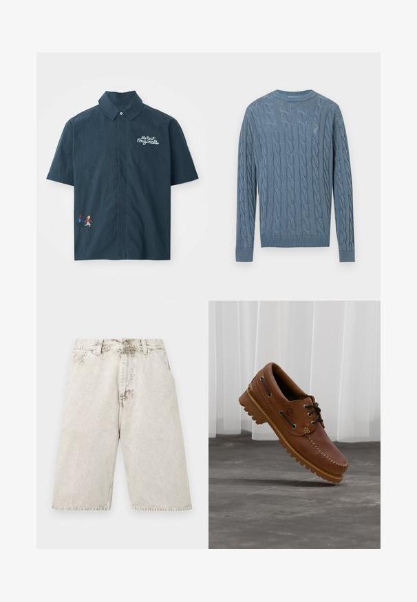 Blauwe gebreide trui met kabelpatroon, lange mouwen en geribbelde boorden en zoom. De stof heeft een gestructureerde uitstraling.; Korte mouwen donkerblauwe shirt van katoen met een button-down kraag. Bevat witte geborduurde tekst en een kleurrijk pixelachtig koppelontwerp.; Lichtgrijze, verweerde denim shorts met steekzakken aan de voorkant, lussen voor een riem en knoopsluiting, plat weergegeven op een witte achtergrond.; Bruine leren bootschoen met zwarte veters, beige stiksel en een robuuste zool, zwevend boven een grijze betonnen vloer.