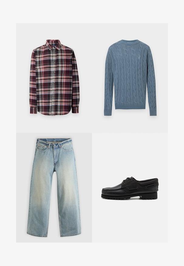 Blå strikket sweater med kabelmønster, lange ærmer samt ribbede manchetter og kant.; Skjorte med ternet mønster og krave. Den indeholder burgunder, grå og crème nuancer med et struktureret stof. Lange ærmer og detaljeret lomme foran.; Lyseblå, vidbenede cowboybukser med en falmet finish. Har et standard fem-lomme-design og lukning med metal knap.; Sort sko med overdel i læder, tekstilaccentuer, runde snørebånd og en tekstureret gummisål. Udstyret med mokkasinsyning og branddetalje.