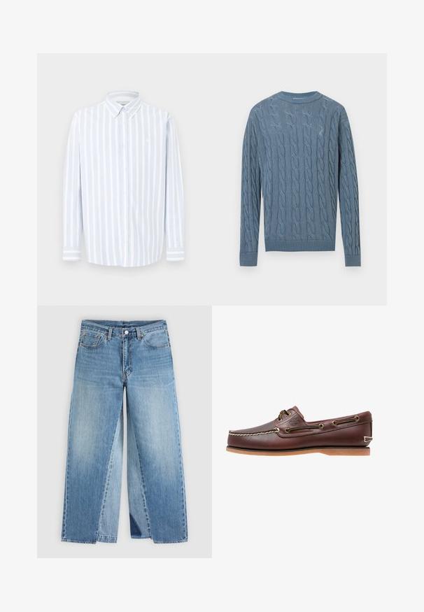 Pull bleu tricoté avec un motif torsadé, manches longues et poignets et ourlet côtelés. Le tissu présente une texture apparente.; Chemise à manches longues rayée bleu clair et blanc, col boutonné, tissu en coton, avec un petit logo sur la poitrine, coupe droite.; Jean droit en denim bleu avec un design classique à cinq poches et une fermeture à boutons à l'avant, présenté à plat sur un fond neutre.; Chaussure bateau en cuir marron avec coutures blanches, détails de lacets et semelle en caoutchouc beige, vue de côté sur fond blanc.