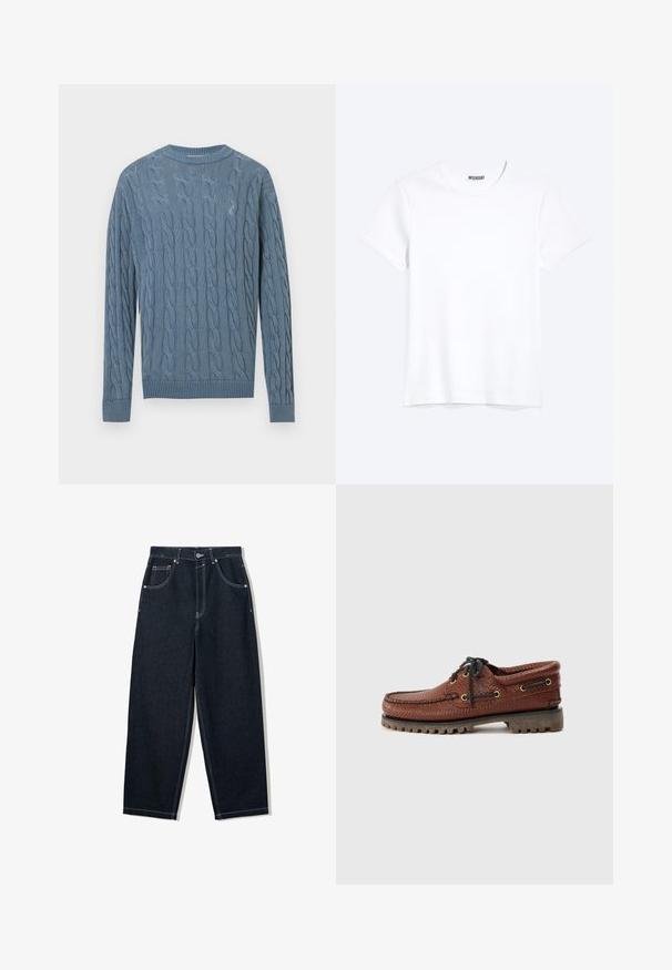 Blå strikket sweater med kabelmønster, lange ærmer samt ribbede manchetter og kant.; Enkelt hvid T-shirt med korte ærmer og rund hals med synligt WEEKDAY-mærke i kraven, vist på en lys baggrund.; Mørke indigo straight-leg jeans med hvide kontrastsømme, fem-lomme-design og metalknaplukning ved taljen.; Brune læder bådsko med struktureret overdel, sorte snørebånd og gyldne øjer. Har en holdbar, rillede gummisål.