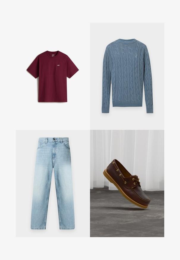 Jersey de punto azul con un patrón de trenzas, mangas largas y puños y bajo acanalados. La tela tiene una apariencia texturizada.; Camiseta de algodón marrón con mangas cortas, escote redondo y pequeño logo blanco de Vans en el pecho izquierdo. Textura suave, corte holgado.; Vaqueros rectos de color azul claro con acabado desgastado, diseño de cinco bolsillos y costuras visibles a lo largo de las costuras. Material de algodón denim.; Zapato náutico de cuero marrón con suela y cordones color canela, flotando sobre un piso de concreto gris con cortinas blancas translúcidas en el fondo.