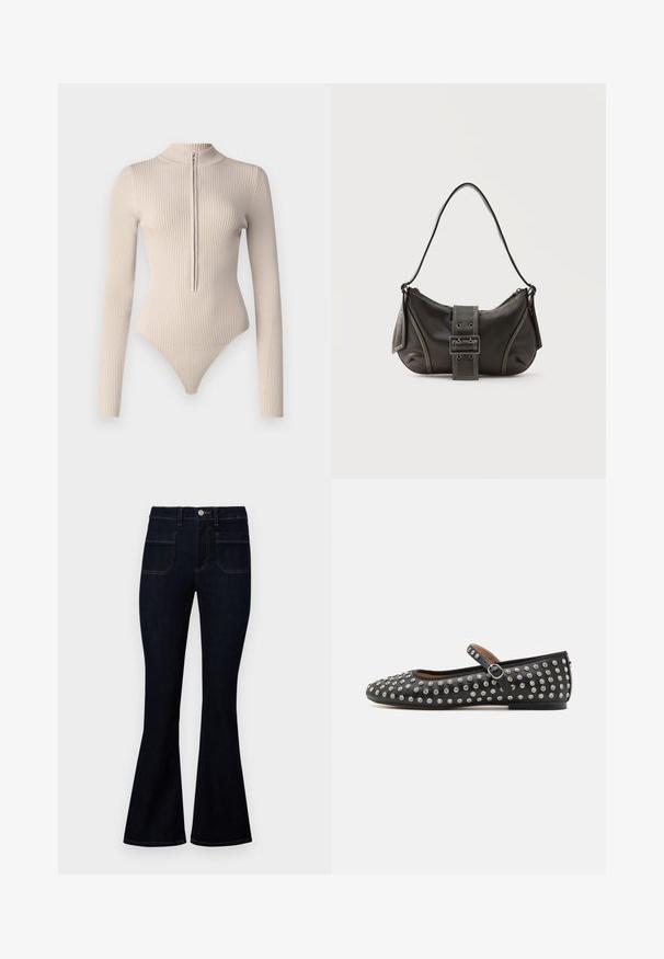 Good American VIRGO - Top s dlhým rukávom - beige; Tmavomodré rozšírené džínsy s vysokým pásom, vyrobené z denimu, so svetlými švami a dvomi zadnými vreckami.; Čierne kožené ploché topánky s okrúhlou špičkou, so strapcom a striebornými cvokmi rovnomerne rozmiestnenými po hornej časti.; Čierna kožená kabelka cez rameno s detailom prackového popruhu, zaoblenými okrajmi a kontrastným bielym prešívaním na jednoduchom pozadí.