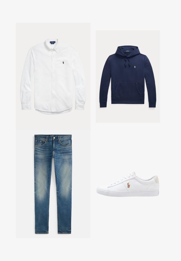 Marineblå hættetrøje med forlommelomme, snøretræk i hætten og lille hvid Polo Ralph Lauren broderet logo på venstre bryst.; Hvid skjorte med lange ærmer med knapper, knaplukket krave og lille mørkt Polo Ralph Lauren-logo på venstre bryst.; Blå falmede smalle jeans med knappelukning og lynlås, forlommer og lille møntlomme, vist fladt på hvid baggrund.; Hvide kanvas sneakers med lågtop design, prydet med en beige hælkappe og et lille broderet logo på siden. Gummisål.