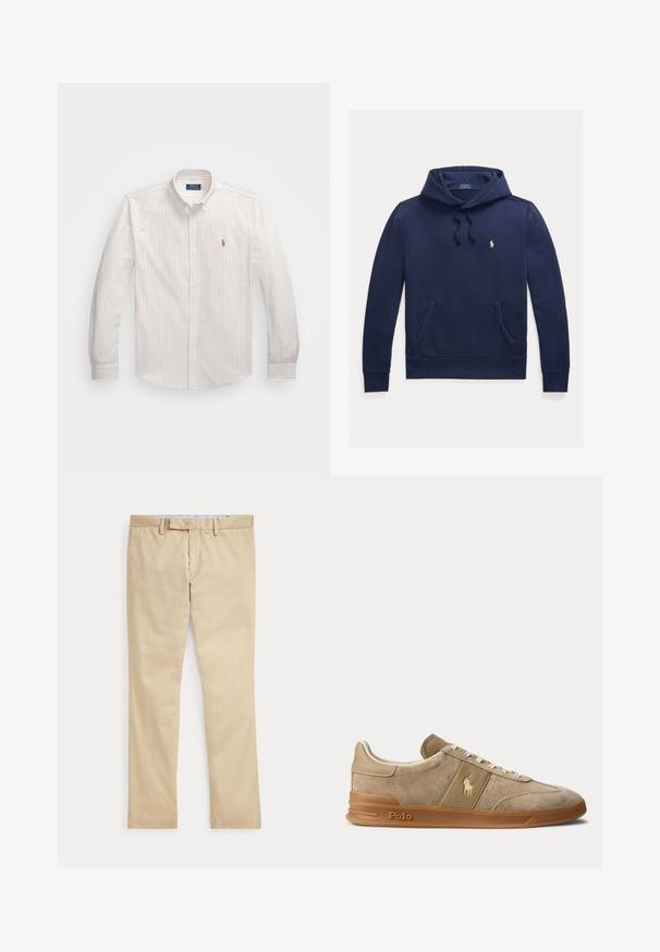 Marineblå hettegenser med kengurulomme foran, snor i hetten og liten hvit brodert Polo Ralph Lauren-logo på venstre bryst.; Hvit skjorte med tynne vertikale striper i lys beige. Har klassisk krage, lange ermer og en liten brodert logo på brystet.; Beige bukser med rette ben, beltestropper og frontglidelås, liggende flatt mot hvit bakgrunn.; Beige lavt sneakers i semsket skinn og skinn med gummisåle, hvite lisser og Polo-logo på siden og sålen.
