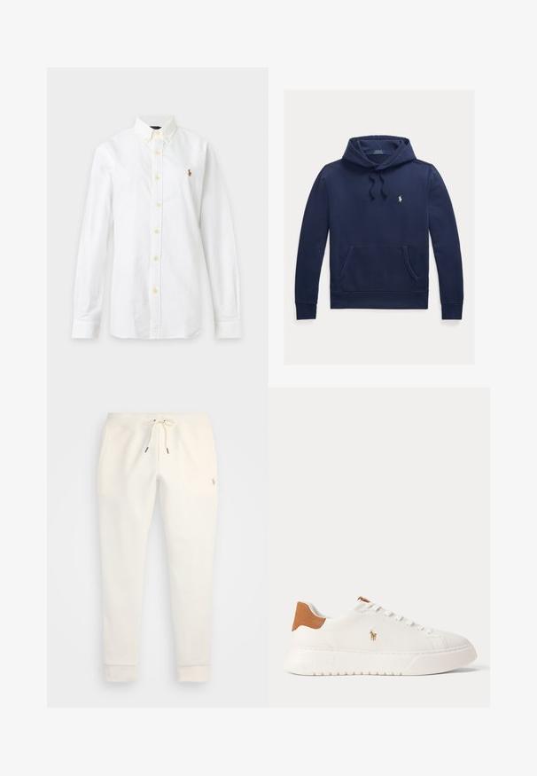 Marineblaue Kapuzenjacke mit Kängurutasche vorne, Kordelzug an der Kapuze und kleinem weißen Polo Ralph Lauren besticktem Logo auf der linken Brust.; Weißes Hemd mit langen Ärmeln, Knopfleiste, Kragen und kleinem gesticktem Logo auf der linken Brust vor schlichtem Hintergrund.; Cremfarbene Sweatpants aus weichem Material, mit einem elastischen Bund und Zugband, schmal zulaufenden Beinen und einem kleinen Logo an der Seite.; Weißer Sneaker mit niedrigem Schaft, beige Fersenlasche, weißen Schnürsenkeln und kleinem, besticktem Polospieler-Logo an der Seite über einer dicken Sohle.