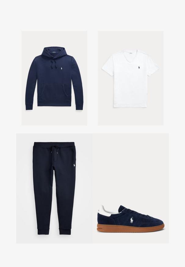 Námornícky modrá mikina s kapucňou, predným klokanským vreckom, sťahovaním na kapucni a malým bielym vyšitým logom Polo Ralph Lauren na ľavej strane hrudníka.; Biele tričko s krátkym rukávom a výstrihom do V s malým tmavomodrým logom Polo Ralph Lauren na ľavej strane hrudníka, zobrazené rozložené na svetlom pozadí.; Námornícky modré teplákové nohavice s pásikom na sťahovanie v páse, bočnými vreckami, lemovanými členkami a malým bielym logom koňa na pravom stehne.; Tmavomodrá semišová teniska s bielou opätkovou záložkou, vyšívaným logom na boku, hnedou gumovou podrážkou a čiernymi šnúrkami.