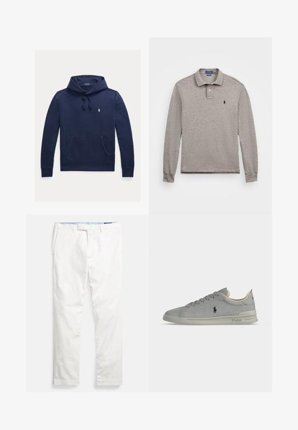 Marineblå hættetrøje med forlommelomme, snøretræk i hætten og lille hvid Polo Ralph Lauren broderet logo på venstre bryst.; Langærmet polo skjorte i lys grå, lavet af tekstureret stof. Har en to-knaps placket og broderet logo på brystet.; Hvide bomulds-chinos med flad front, bæltestropper, sidelommer og en glat tekstur, med en blå indvendig linning.; Grå ruskind lavtop sneakers med Polo-logo på siden, snørebånd foran og polstret sål med Polo-branding på hælen og sålkanten.