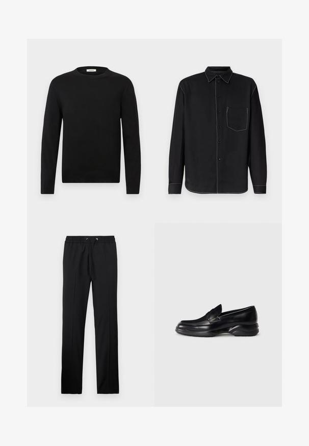 Jersey de manga larga negro con cuello redondo, puños y dobladillo acanalados, mostrado sobre un fondo gris claro liso.; Camisa negra de manga larga con botones, costuras en contraste blanco y un bolsillo en el pecho, sobre un fondo liso.; Iceberg PANTALONI - Pantalones - nero; Mocasines de piel negra con una suela de goma texturizada y baja, y un diseño de costura en la parte superior. Presenta una punta redondeada y mínimas ornamentaciones.