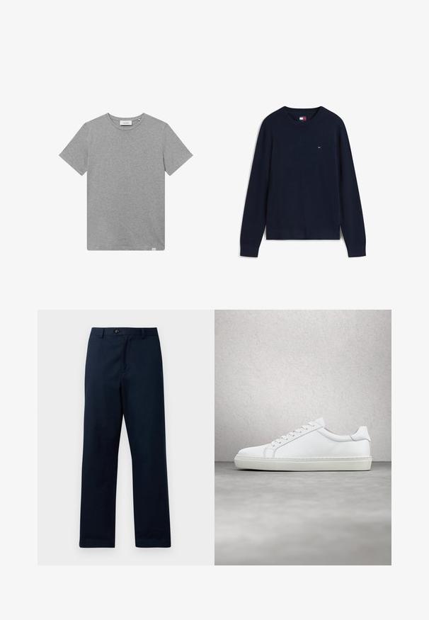 Jersey de cuello redondo azul marino oscuro con mangas largas y pequeño logo de Tommy Hilfiger en rojo, blanco y azul en el pecho y en el interior del cuello.; Camiseta gris de manga corta hecha de una mezcla de algodón. Presenta un cuello redondo y un pequeño detalle de logo en el lado izquierdo del frente.; Pantalones de pierna recta en azul marino, fabricados en una mezcla de algodón. Presentan una cremallera frontal, cierre de botón y pasadores para cinturón. Textura suave.; Zapatilla blanca con parte superior de cuero liso y perfil bajo. Presenta una puntera redondeada, seis ojales y una suela de goma texturizada.