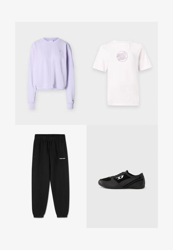 Lyse lilla Champion sweatshirt med lange ærmer, rund hals, ribbet manchetter, søm foran i midten og små broderede logoer på bryst og ærme.; Hvid bomulds t-shirt med korte ærmer, der har et cirkulært pink broderet logo med stiliseret tekst i midten.; Sorte sweatpants lavet af blødt stof, med snoretræk i taljen, tætsiddende ben og sidelommer. "PEGADOR" logo i hvid på fronten.; Sorte atletik sko med ruskind og syntetisk overdel, med et struktureret design, rundet tå og flad sål. Sølvfarvet logo på siden.