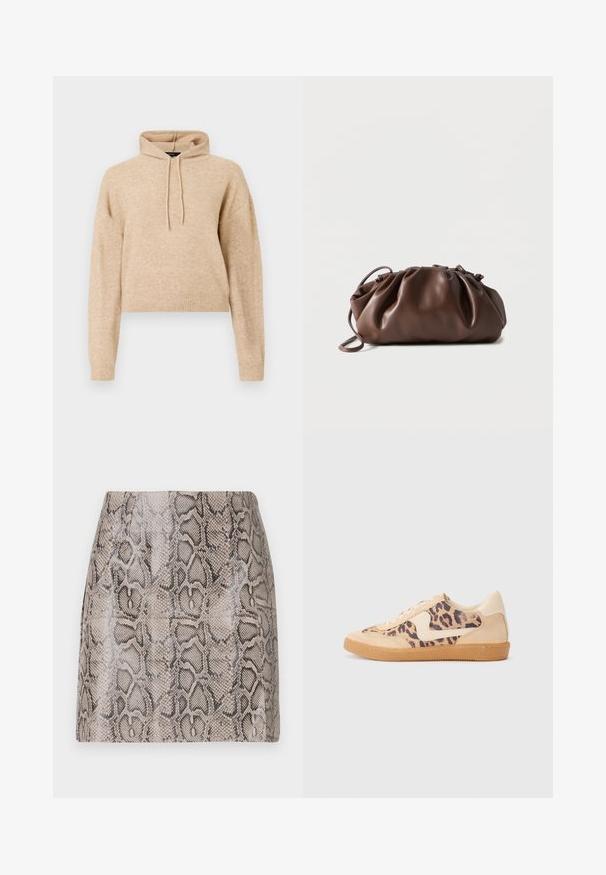 Sudadera de punto recortada en color beige, con mangas largas y capucha con cordón, presentada sobre un fondo blanco.; Una mini falda ajustada con un acabado brillante, textura de imitación de serpiente en tonos de beige y negro, con un acabado suave y sin cierres visibles.; Zapatillas de leopardo con parte superior de ante beige, suela de goma marrón y acentos blancos. Punta redonda y diseño con cordones con un acabado texturado.; Bolso tipo bolsa de cuero marrón suave con parte superior fruncida y asa delgada, apoyado sobre un fondo blanco.
