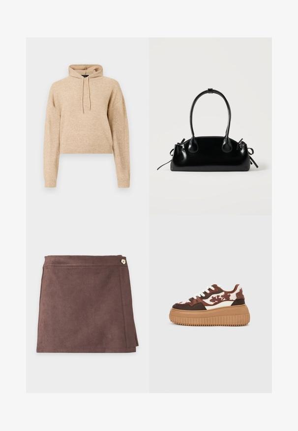 Haut de sweat en maille beige, cropped, avec des manches longues et une capuche à cordons, présenté sur fond blanc.; Mini-jupe en daim marron avec un bouton latéral et des détails de couture subtils sur un fond clair uni.; Baskets plateforme avec un motif camouflage marron et crème, semelles beiges contrastantes et lacets blancs. La tige présente des matériaux et textures variés.; Petit sac à main noir brillant avec deux longues anses et des détails à cordon sur les côtés sur un fond clair uni.