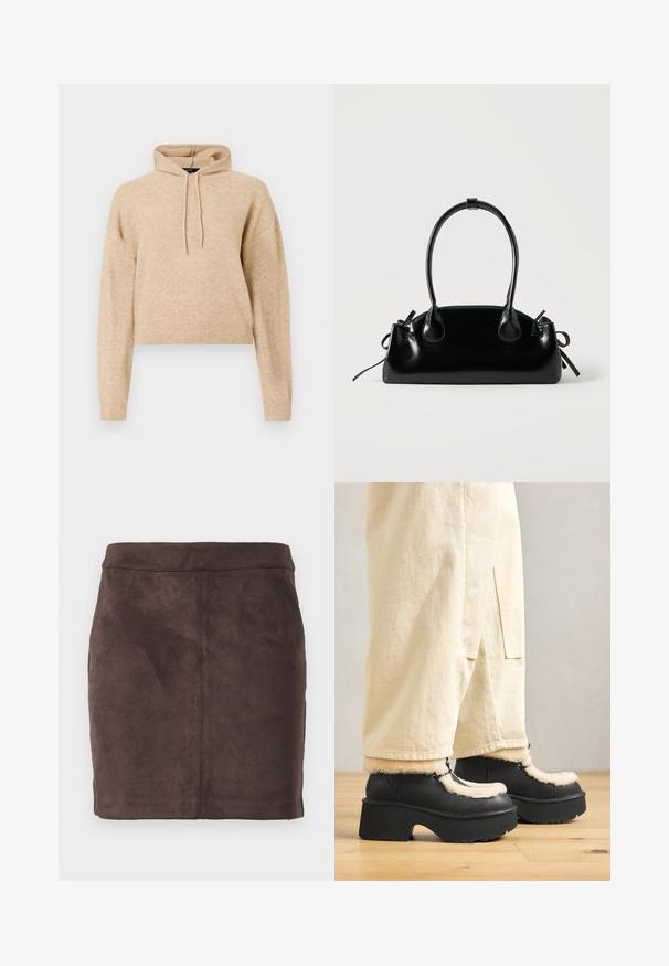 Beige cropped striktrøje med lange ærmer og snorhætte, præsenteret på en hvid baggrund.; Brun ruskind mini-nederdel med en glat tekstur, tætsiddende design og en flad talje, der har lodrette sømme for struktur.; Sorte platformstøvler med en rund tå, der har en fluffy cremefarvet krave og snøre detaljer, parret med løse beige bukser på et trægulv.; Lille sort blank håndtaske med to lange håndtag og snøre-detaljer i siden på en ensfarvet lys baggrund.
