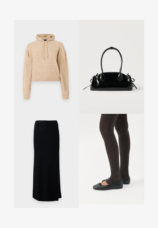 Beige cropped striktrøje med lange ærmer og snorhætte, præsenteret på en hvid baggrund.; Sort, lang, strikket nederdel med en sideslids. Har en strækbar talje og en glat tekstur. Enkel, tætsiddende design. Ingen synlige mønstre eller detaljer.; Ben iført mørke ribbede leggings kombineret med sorte balletsko med små sløjfedetaljer på hvid baggrund.; Lille sort blank håndtaske med to lange håndtag og snøre-detaljer i siden på en ensfarvet lys baggrund.
