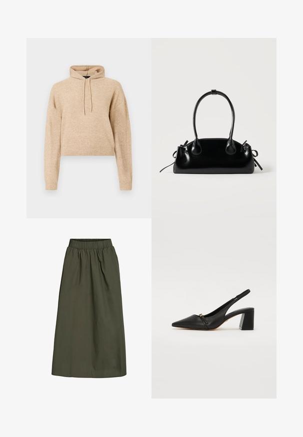 Beige cropped striktrøje med lange ærmer og snorhætte, præsenteret på en hvid baggrund.; Olivengrøn, ankel-længde nederdel med samlet elastisk talje og en glat, let krøllet stoftekstur.; Sort læder slingback hæl sko med spidse tæer, lille forstrop og blokhæl. Glat tekstur med guld detaljer.; Lille sort blank håndtaske med to lange håndtag og snøre-detaljer i siden på en ensfarvet lys baggrund.