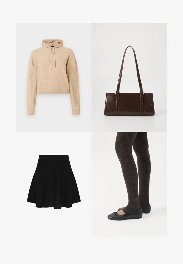 Beige cropped striktrøje med lange ærmer og snorhætte, præsenteret på en hvid baggrund.; Sort A-line nederdel med tilpasset linning, der bredder sig blidt mod kanten, vist på en ens hvid baggrund.; Ben iført mørke ribbede leggings kombineret med sorte balletsko med små sløjfedetaljer på hvid baggrund.; Brun lakeret håndtaske med rektangulær form, to lange håndtag og subtile buede detaljer på fronten.