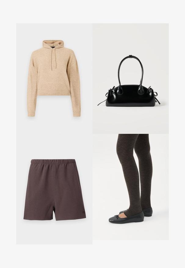 Beige cropped striktrøje med lange ærmer og snorhætte, præsenteret på en hvid baggrund.; Mørkebrune shorts lavet af tekstureret, vævet stof. Har en elastisk talje og en lille logo accent på nederste højre side.; Ben iført mørke ribbede leggings kombineret med sorte balletsko med små sløjfedetaljer på hvid baggrund.; Lille sort blank håndtaske med to lange håndtag og snøre-detaljer i siden på en ensfarvet lys baggrund.