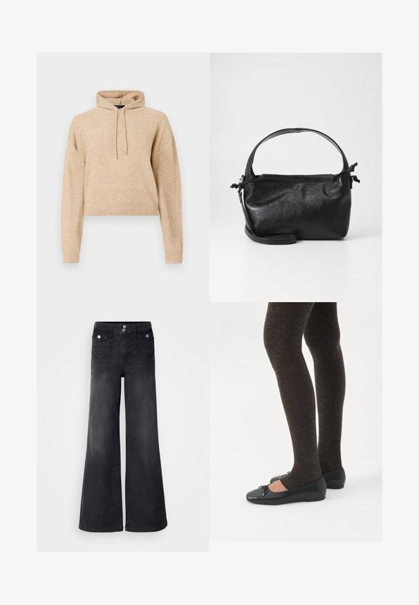 Haut de sweat en maille beige, cropped, avec des manches longues et une capuche à cordons, présenté sur fond blanc.; Jean large en denim noir avec taille haute, boutons sur le devant et deux poches avant ; texture lisse avec une légère finition décolorée.; Jambes portant des leggings côtelés foncés associés à des ballerines noires avec de petits détails en nœud sur fond blanc.; Sac à main en cuir noir au design structuré, avec une poignée arrondie et une bandoulière amovible. Présente une texture lisse et un éclat subtil.