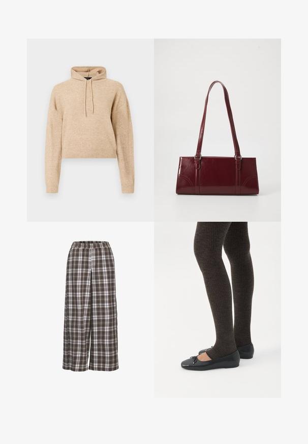 Beige cropped striktrøje med lange ærmer og snorhætte, præsenteret på en hvid baggrund.; Bredder bukser med ruder i brune, hvide og grå nuancer; elastisk talje; blødt stof; har et klassisk ternet mønster.; Ben iført mørke ribbede leggings kombineret med sorte balletsko med små sløjfedetaljer på hvid baggrund.; Bordeaux håndtaske lavet af glansfuldt materiale, rektangulær form, med to skulderremme og subtile buede detaljer på forsiden.