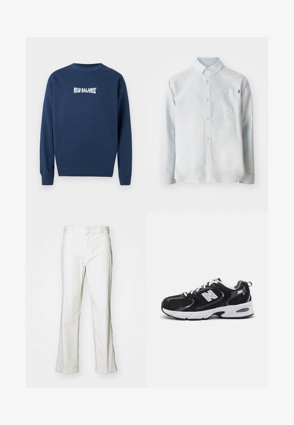 Tmavomodrá mikina s okrúhlym výstrihom a dlhými rukávmi, uprostred na hrudi biely nápis "New Balance".; New Balance OXFORD - Košeľa - blue; Biele bavlnené nohavice so strihom na rovno, s pásom a štandardnými vreckami. Tkanina vyzerá hladko a je mierne textúrovaná.; Čierne a šedé športové topánky s hornou časťou z mikrovlákna a zamatu, s bielou medzipodrážkou, šnúrkami a výrazným logom "N" na boku.