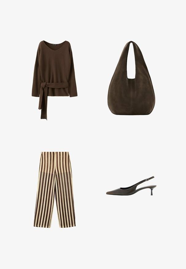 Pull en maille marron à manches longues avec un col en V et une large ceinture nouée à la taille, tombant droit.; Pantalon à jambes larges avec des rayures verticales dans différentes nuances de marron et beige, en tissu texturé.; Chaussure slingback en cuir noir à bout pointu, petit talon kitten et petite bride réglable avec boucle.; Sac hobo en daim marron foncé doux avec une large bandoulière unique et un fond arrondi sur fond blanc.