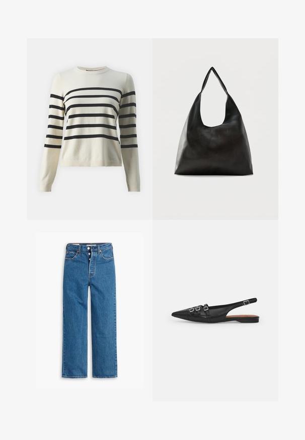 Cremefarvet sweater med sorte vandrette striber, rund hals og lange ærmer. Lavet af blødt strikket materiale med ribbede kantdetaljer.; Blå denim lige ben jeans med høj talje, fem lomme design og knaplukning. Markante syninger og kobberfarvede nitter.; Sort læderslyngeflad sko med spids tå, der har to vandrette stropper og firkantede sølvspænder, lav hæl og glat tekstur.; Sort skuldertaske i glat læder med en bred, enkelt strop og et afslappet, minimalistisk design mod en ensfarvet baggrund.