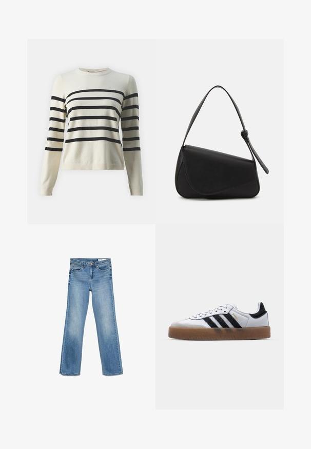 Cremefarvet sweater med sorte vandrette striber, rund hals og lange ærmer. Lavet af blødt strikket materiale med ribbede kantdetaljer.; Lysblå denim jeans med klassisk fem-lomme design, knap- og lynlåslukning samt lige pasform.; Hvide lædersneakers med sorte striber, gummirubber sål, rund tå, snørelukning og blød grå ruskinds tåhætte.; Sort læderhåndtaske med en triangular form, skrå klap og et rundt håndtag. Har en glat overflade og minimalistiske design detaljer.