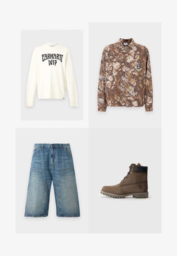Off-white langærmet crewneck sweater med sort "CARHARTT WIP" tekst tværs over brystet og et lille mærke nederst på kanten.; Kamouflage-mønstrede skjorte i brun og tan, med en brystlomme og et broderet logo-tag på venstre side.; Blå denim shorts ned til knæene med vide ben, forlommer, bæltestropper og knaplukning ved taljen.; Brune læder ankelstøvle med sort krave, metaløjer og slidstærk grå sål. Har logo på siden og syet detaljer.