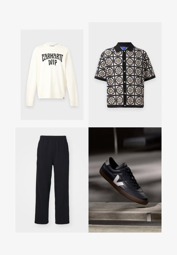 Off-white Langarm-Pullover mit Rundhalsausschnitt, schwarzem "CARHARTT WIP" Schriftzug über der Brust und kleinem Markenetikett am unteren Saum.; Kurzärmliges schwarzes Hemd mit aufwendigen weißen und beige Häkelmustern in Blumenform, mit durchgehender Knopfleiste und flachem Kragen.; Schwarze Jogginghose mit elastischem Bund, geraden Beinen und gestickten Details. Hergestellt aus weichem, strukturiertem Stoff.; Schwarze Leder-Sneaker mit weißem V-Logo, Schnürung vorne, durchbrochene Details und brauner Gummisohle; schlankes Design mit minimalen Akzenten.