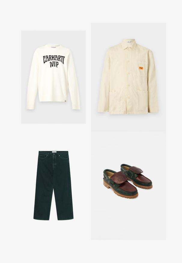 Svetlobéžový sveter s dlhým rukávom a okrúhlym výstrihom, s čiernym nápisom „CARHARTT WIP“ na hrudi a malou značkovou etiketu v spodnom leme.; Kréme farebná dlhá bunda na gombíky s tromi prednými náprsnými vreckami, z toho jedno s oranžovou nálepkou "Service Worker".; Tmavo zelené široké denimové nohavice s gombíkom a zipsom, prednými vreckami a pútkom na opasok, položené na bielom pozadí.; Kožené topánky s tmavozeleným telom a burgundským vrchom, okrúhlym špičkou, zapínacou chlopňou a textúrovanou gumovou podrážkou s ryhami.