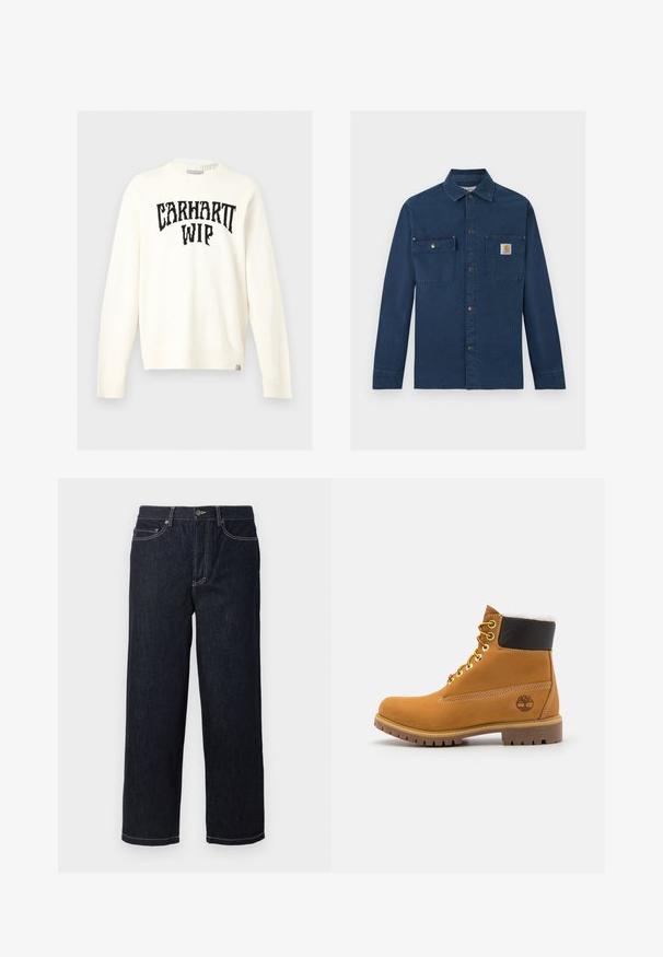 Off-white trui met lange mouwen en ronde hals, met zwarte "CARHARTT WIP" tekst op de borst en een klein merketiket aan de onderzoom.; Marineblauw ribfluwelen werkshemd met lange mouwen, drukknoopsluiting aan de voorkant, twee borstzakken en een klein Carhartt-logo op de rechterborstzak.; Donkerblauwe rechte denim jeans met vijf zakken en witte contraststiksels, knoopsluiting en riemlussen.; Bruine leren enkellaars met metalen oogjes, witte faux bont voering, zwarte gewatteerde kraag, robuuste zool en een reliëflogo aan de zijkant.