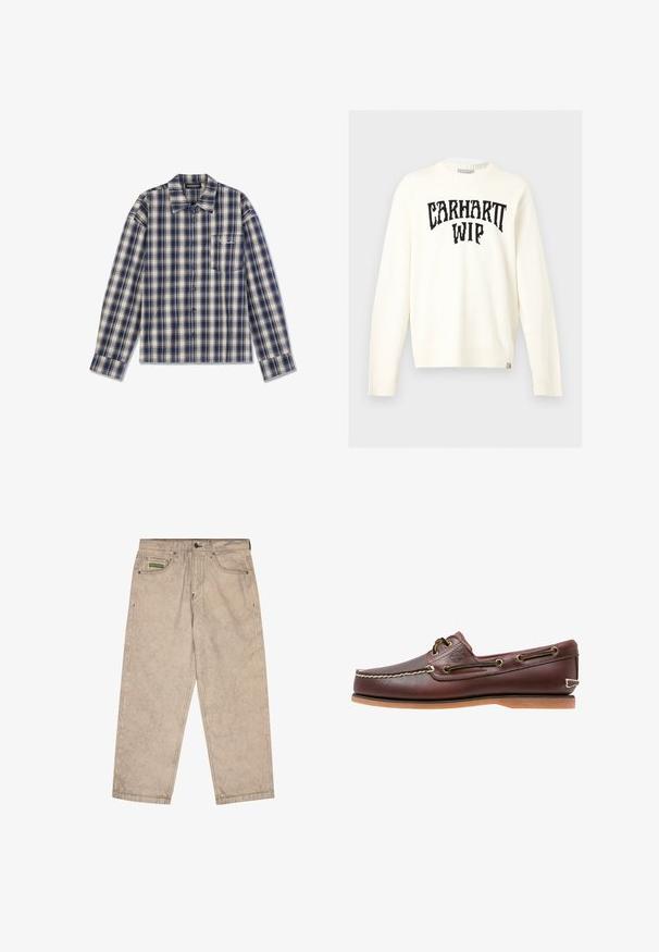 Off-white Langarm-Pullover mit Rundhalsausschnitt, schwarzem "CARHARTT WIP" Schriftzug über der Brust und kleinem Markenetikett am unteren Saum.; Langarmkarierte Hemd in Marineblau und Creme mit Knopfleiste, Kragen und kleiner Brusttasche mit weißem Schriftzug.; Beige Hose mit geradem Bein, Fronttaschen und Knopfverschluss, mit einem kleinen grünen DC Shoes Logoaufnäher auf der rechten Tasche.; Brauner Leder-Bootsschuh mit weißen Nähten, Schnürdetails und hellbrauner Gummisohle, seitlich auf weißem Hintergrund gezeigt.