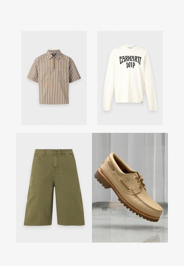 Pull à manches longues col rond écru avec le texte noir "CARHARTT WIP" sur la poitrine et une petite étiquette de la marque en bas de l’ourlet.; Chemise marron à manches courtes avec des rayures verticales blanches, un col, deux poches avant et une fermeture éclair partielle à l'avant.; Shorts longueur genou vert olive avec passants de ceinture, bouton frontal, fermeture éclair et poches latérales, présentés sur fond blanc.; Chaussure bateau en cuir marron clair avec semelle épaisse et striée et détails de lacets, flottant au-dessus d'un sol en marbre et d'un fond de stores verticaux blancs.