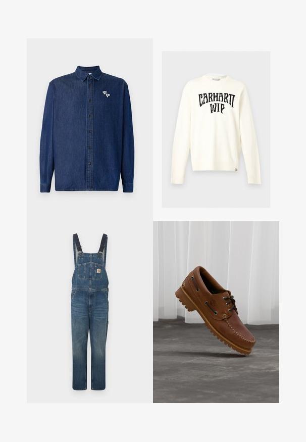 Off-white langærmet crewneck sweater med sort "CARHARTT WIP" tekst tværs over brystet og et lille mærke nederst på kanten.; Mørkeblå denimskjorte med knappelukning foran, lange ærmer og spids krave. Har en hvid broderet "RP"-logo.; Denimblå overall med justerbare sorte skulderstropper, forlommer med logo-patch på brystet og sidelommer, lagt fladt på en hvid baggrund.; Brun læder bådsko med sorte snørebånd, beige syninger og en robust sål, hængende over en grå betongulv.