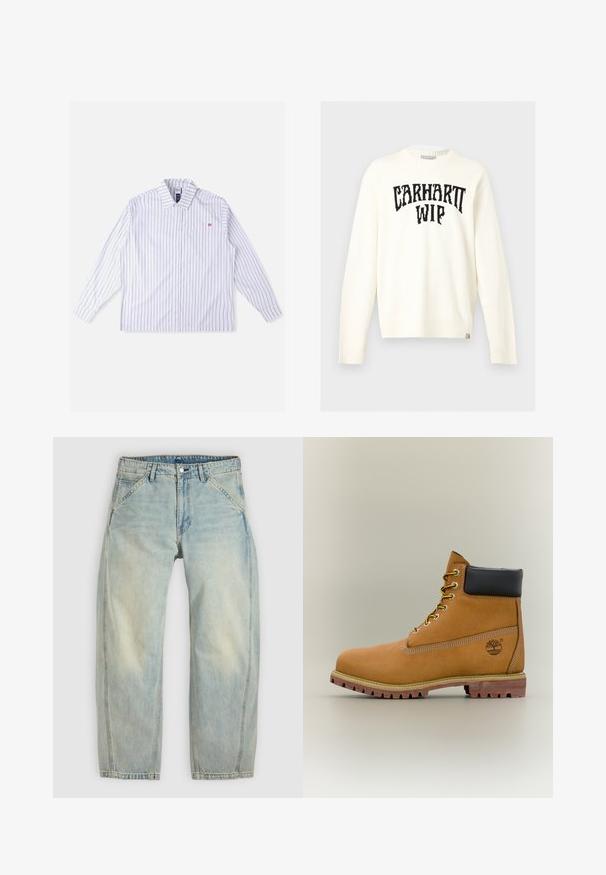 Jersey de cuello redondo de manga larga color blanco roto con texto negro "CARHARTT WIP" en el pecho y una pequeña etiqueta de la marca en el dobladillo inferior.; Camisa blanca de manga larga con rayas verticales azules, cierre de botones en la parte delantera, cuello, bolsillo en el pecho izquierdo y detalle de logo rojo. Tela suave y tejida.; Vaqueros de pierna ancha en azul claro hechos de denim. Cuentan con cinco bolsillos, cierre de botón y zonas desgastadas para un aspecto envejecido.; Bota de tobillo de cuero marrón con cuello negro, cordones amarillos y suela beige. Presenta un logotipo y detalles de costura blanca. Suela exterior con tracción robusta.