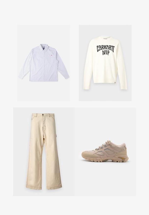 Jersey de cuello redondo de manga larga color blanco roto con texto negro "CARHARTT WIP" en el pecho y una pequeña etiqueta de la marca en el dobladillo inferior.; Camisa blanca de manga larga con rayas verticales azules, cierre de botones en la parte delantera, cuello, bolsillo en el pecho izquierdo y detalle de logo rojo. Tela suave y tejida.; Pantalones de pierna ancha beige de algodón con cierre de cremallera y botón, que presentan costuras en contraste y bolsillos laterales.; Zapatilla deportiva beige con una parte superior de malla texturizada, superposición sintética y suela Vibram. Presenta un sistema de cordones y detalles en el panel lateral.