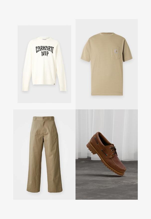 Off-white langærmet crewneck sweater med sort "CARHARTT WIP" tekst tværs over brystet og et lille mærke nederst på kanten.; Beige t-shirt med korte ærmer lavet af bomuld, med en lomme på venstre bryst med en logo-patch. Klassisk rund halsudskæring med en almindelig pasform.; Khaki bredde ben bukser lavet af bomuldsblandingsstof, med en enkelt knaplukning og synlige sidelommer. Glat tekstur, plisseret detalje.; Brun læder bådsko med sorte snørebånd, beige syninger og en robust sål, hængende over en grå betongulv.